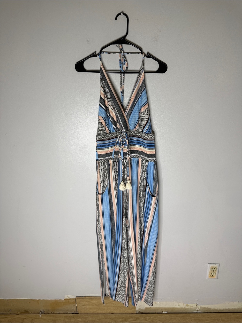 VENUS Striped Halter Jumpsuit in Blue and Cream with Black Accents Size Medium